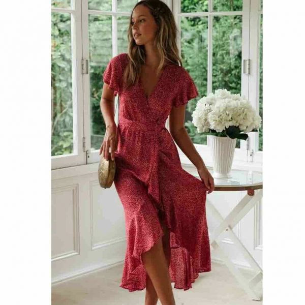 The Best Women Ladies Summer Boho Short Sleeve Long Floral Dress Fashion Ruffle V-Neck Party Beach Dresses Sundress Online - Takalr