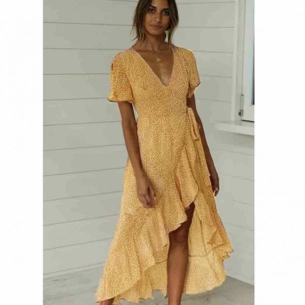 The Best Women Ladies Summer Boho Short Sleeve Long Floral Dress Fashion Ruffle V-Neck Party Beach Dresses Sundress Online - Takalr