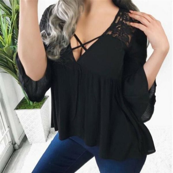 The Best Women Ladies Summer Half Sleeve V-Neck Shirt Fashion Loose Casual Solid Blouse Holiday Beach Tops Shirts Online - Takalr