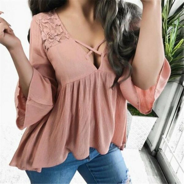 The Best Women Ladies Summer Half Sleeve V-Neck Shirt Fashion Loose Casual Solid Blouse Holiday Beach Tops Shirts Online - Takalr