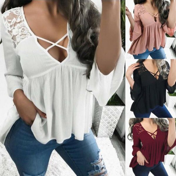 The Best Women Ladies Summer Half Sleeve V-Neck Shirt Fashion Loose Casual Solid Blouse Holiday Beach Tops Shirts Online - Takalr