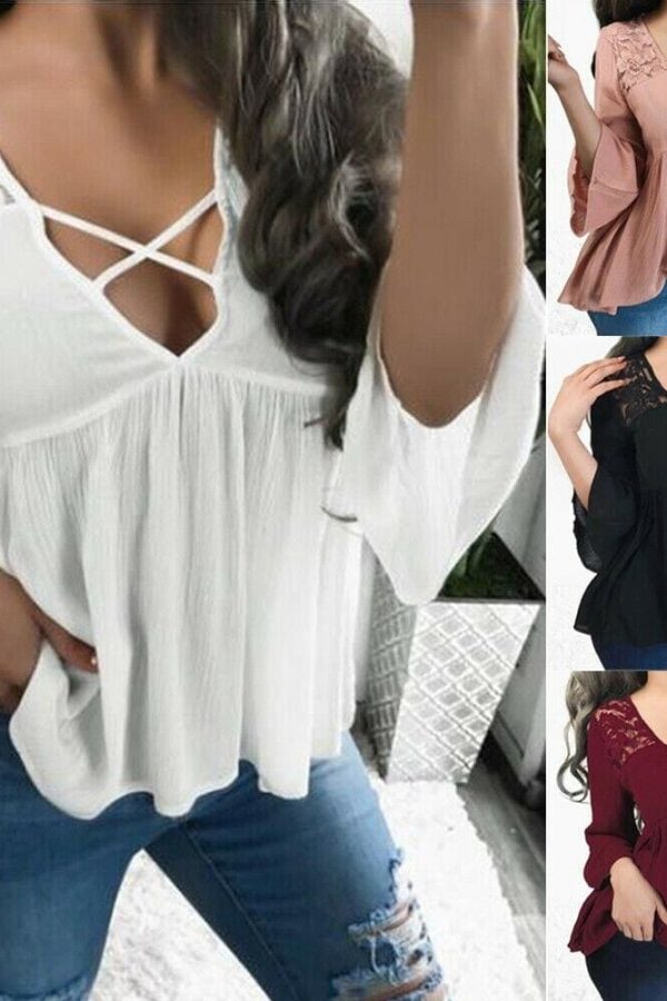 The Best Women Ladies Summer Half Sleeve V-Neck Shirt Fashion Loose Casual Solid Blouse Holiday Beach Tops Shirts Online - Takalr