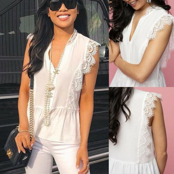 The Best Women Ladies Summer Lace Vest Top Sleeveless Fashion Blouse Casual V-Neck Loose Holiday Beach Tank Tops New Online - Takalr