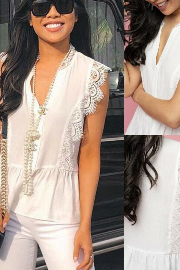 The Best Women Ladies Summer Lace Vest Top Sleeveless Fashion Blouse Casual V-Neck Loose Holiday Beach Tank Tops New Online - Takalr