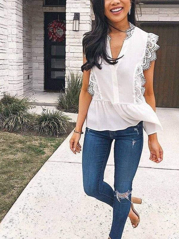 The Best Women Ladies Summer Lace Vest Top Sleeveless Fashion Blouse Casual V-Neck Loose Holiday Beach Tank Tops New Online - Takalr