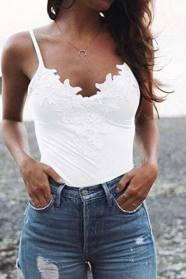 The Best Women Ladies Summer Lace Vest Tops Fashion Sleeveless V-Neck Solid Casual Blouse Holiday Beach Outdoor Tank Tops Online - Takalr