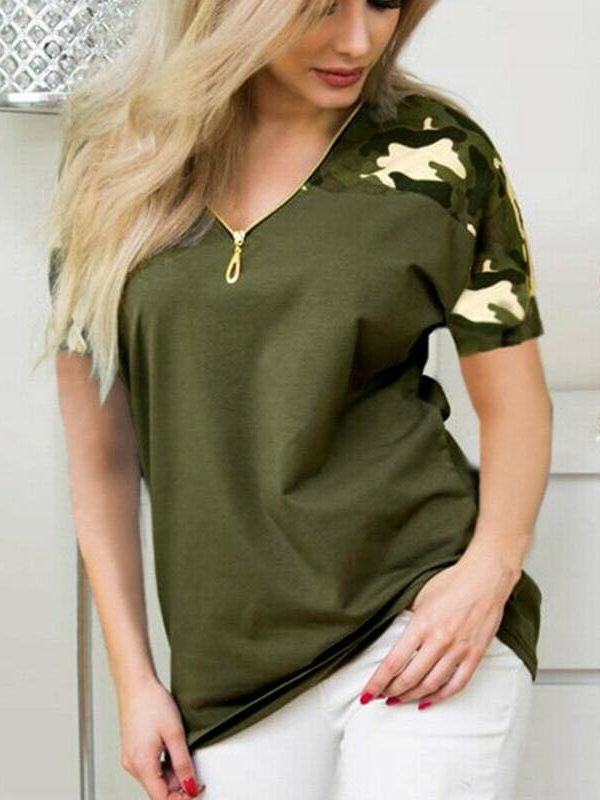 The Best Women Ladies Summer Loose Top Short Sleeve Leopard Zipper Casual V-Neck Tops T-Shirt Online - Takalr