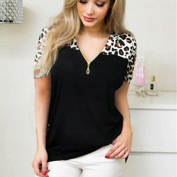 The Best Women Ladies Summer Loose Top Short Sleeve Leopard Zipper Casual V-Neck Tops T-Shirt Online - Takalr