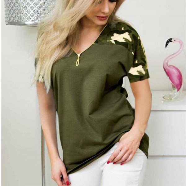 The Best Women Ladies Summer Loose Top Short Sleeve Leopard Zipper Casual V-Neck Tops T-Shirt Online - Takalr