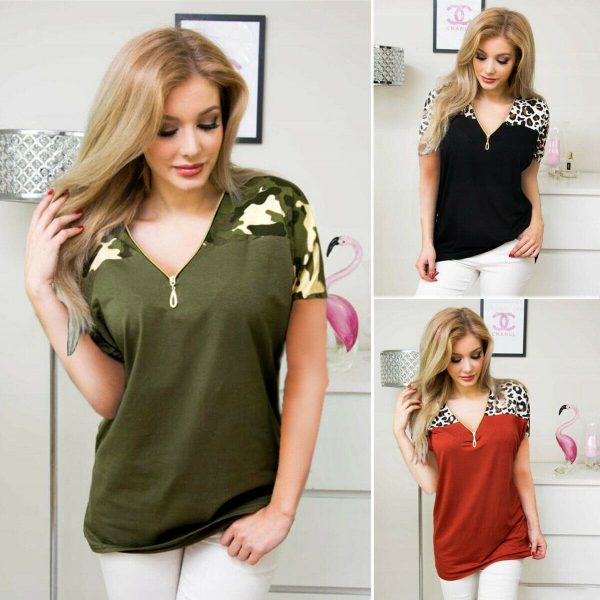 The Best Women Ladies Summer Loose Top Short Sleeve Leopard Zipper Casual V-Neck Tops T-Shirt Online - Takalr