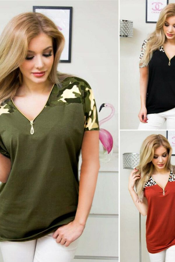 The Best Women Ladies Summer Loose Top Short Sleeve Leopard Zipper Casual V-Neck Tops T-Shirt Online - Takalr