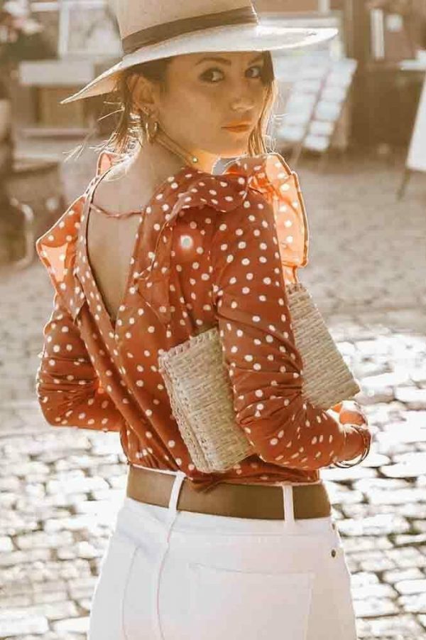 The Best Women Ladies Summer Loose Tops Long Sleeve Dot Print Ruffles Slim Solid Casual Backless Boho T-Shirts Tops Fashion Clothes Online - Takalr