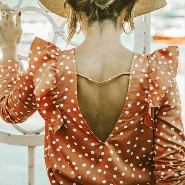 The Best Women Ladies Summer Loose Tops Long Sleeve Dot Print Ruffles Slim Solid Casual Backless Boho T-Shirts Tops Fashion Clothes Online - Takalr