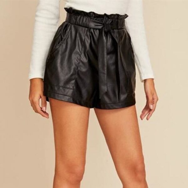 The Best Women Ladies Summer Shorts PU Leather Loose Belt High Waist Short Pants Trousers Online - Takalr