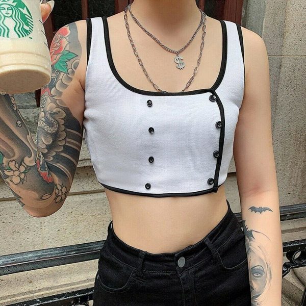 The Best Women Ladies Summer Vest Blouse White Buttons Crop Top Ladies Casual Camisole Solid Shirt Cami Top Summer Clothes Online - Takalr