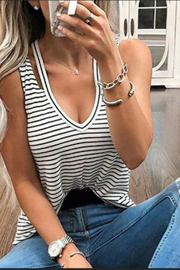 The Best Women Ladies V-Neck Vest Summer Loose Fashion Slim Striped Sleeveless Casual Beach Tank T-Shirt Top Blouse New Online - Takalr