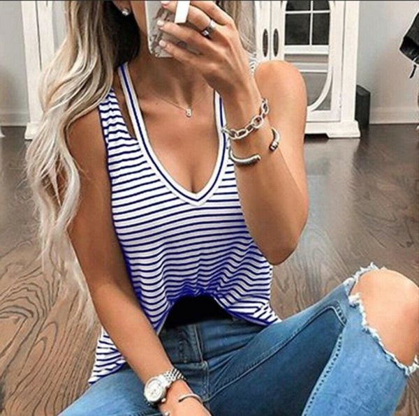 The Best Women Ladies V-Neck Vest Summer Loose Fashion Slim Striped Sleeveless Casual Beach Tank T-Shirt Top Blouse New Online - Takalr