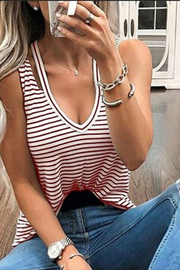 The Best Women Ladies V-Neck Vest Summer Loose Fashion Slim Striped Sleeveless Casual Beach Tank T-Shirt Top Blouse New Online - Takalr