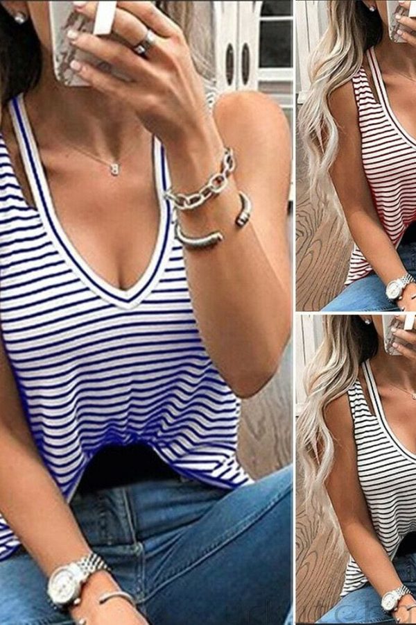 The Best Women Ladies V-Neck Vest Summer Loose Fashion Slim Striped Sleeveless Casual Beach Tank T-Shirt Top Blouse New Online - Takalr