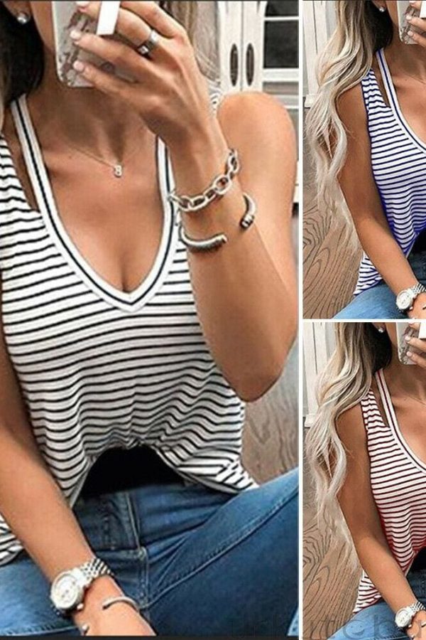 The Best Women Ladies V-Neck Vest Summer Loose Fashion Slim Striped Sleeveless Casual Beach Tank T-Shirt Top Blouse New Online - Takalr