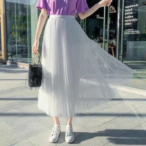 The Best Women Lady A-line Tutu Elastic Waist Mesh Long Maxi Skirts Party Three Layer Chiffon Pleated Retro Lace Skirt Online - Takalr