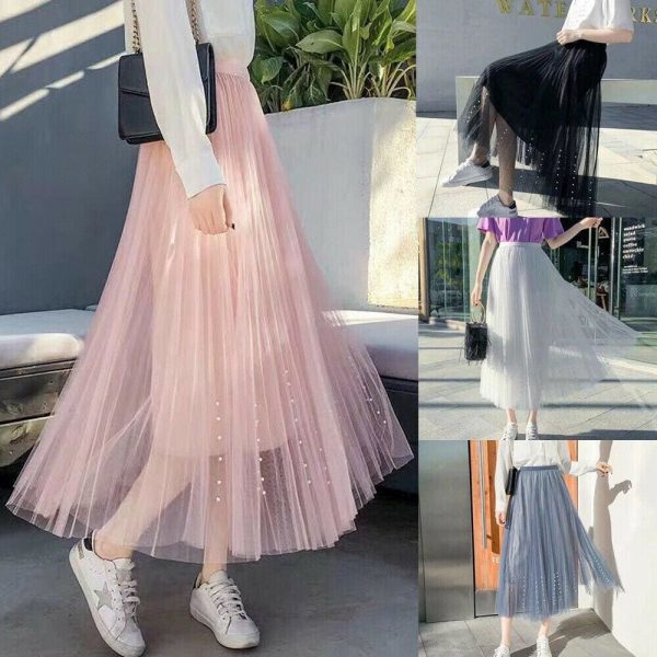 The Best Women Lady A-line Tutu Elastic Waist Mesh Long Maxi Skirts Party Three Layer Chiffon Pleated Retro Lace Skirt Online - Takalr