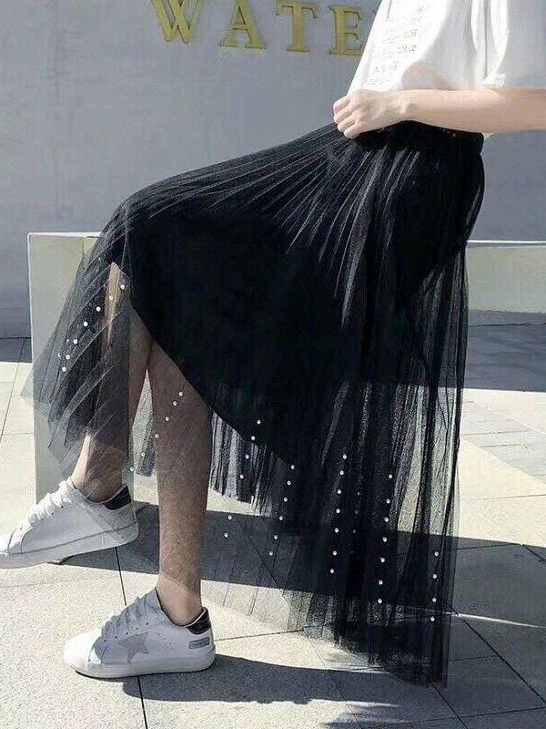 The Best Women Lady A-line Tutu Elastic Waist Mesh Long Maxi Skirts Party Three Layer Chiffon Pleated Retro Lace Skirt Online - Takalr