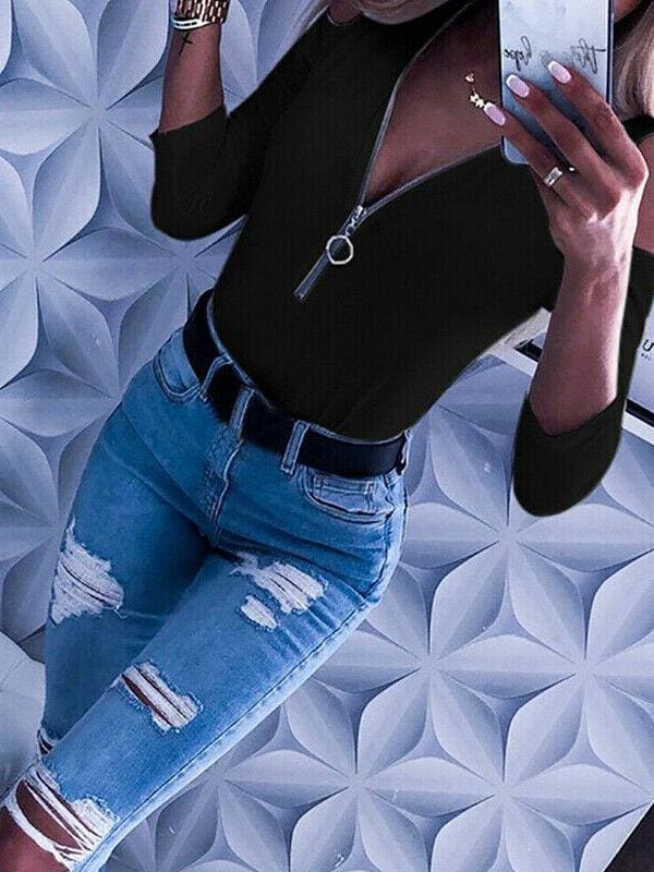 The Best Women Lady Cold Shoulder Casual Slim T-Shirt Top Summer Sutumn Casual Zipper Daily Club Party Tees Online - Takalr