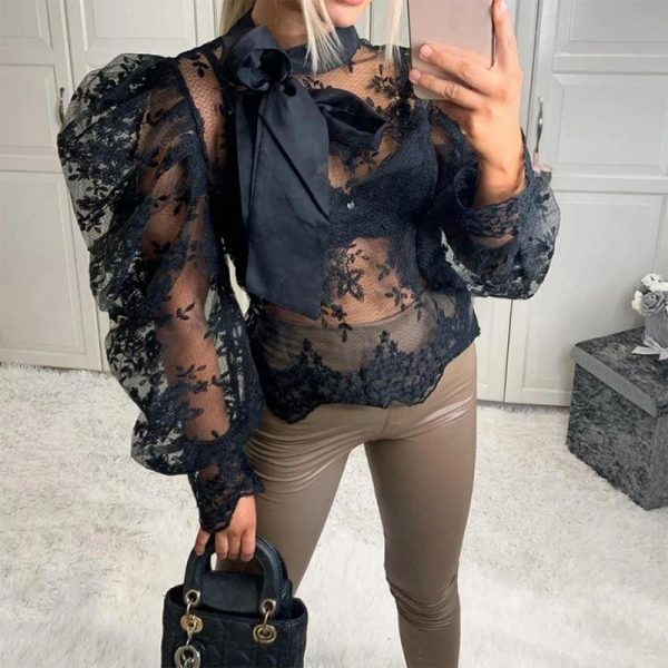 The Best Women Lady Crochet Mesh Sheer See-Through Long Puff Sleeve Tops Shirt Bow Neck Loose Casual Blouse Top Online - Takalr