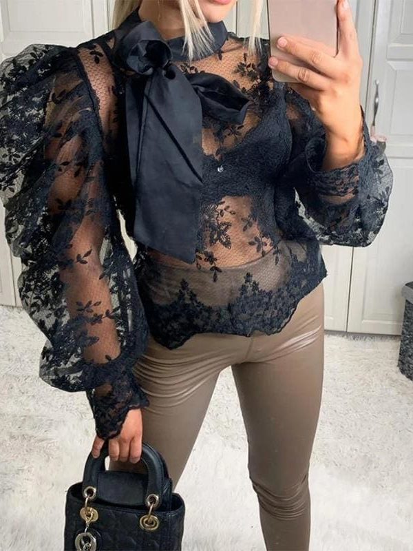 The Best Women Lady Crochet Mesh Sheer See-Through Long Puff Sleeve Tops Shirt Bow Neck Loose Casual Blouse Top Online - Takalr