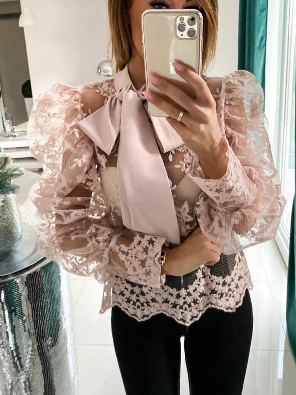 The Best Women Lady Crochet Mesh Sheer See-Through Long Puff Sleeve Tops Shirt Bow Neck Loose Casual Blouse Top Online - Takalr