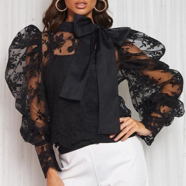 The Best Women Lady Crochet Mesh Sheer See-Through Long Puff Sleeve Tops Shirt Bow Neck Loose Casual Blouse Top Online - Takalr