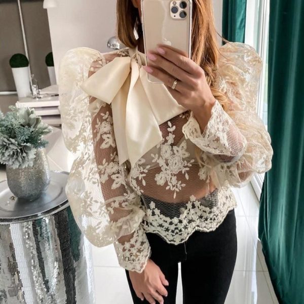 The Best Women Lady Crochet Mesh Sheer See-Through Long Puff Sleeve Tops Shirt Bow Neck Loose Casual Blouse Top Online - Takalr