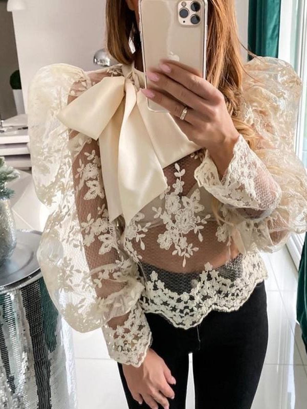 The Best Women Lady Crochet Mesh Sheer See-Through Long Puff Sleeve Tops Shirt Bow Neck Loose Casual Blouse Top Online - Takalr