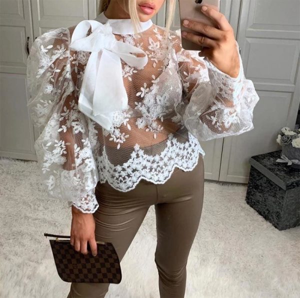 The Best Women Lady Crochet Mesh Sheer See-Through Long Puff Sleeve Tops Shirt Bow Neck Loose Casual Blouse Top Online - Takalr