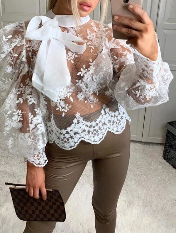 The Best Women Lady Crochet Mesh Sheer See-Through Long Puff Sleeve Tops Shirt Bow Neck Loose Casual Blouse Top Online - Takalr