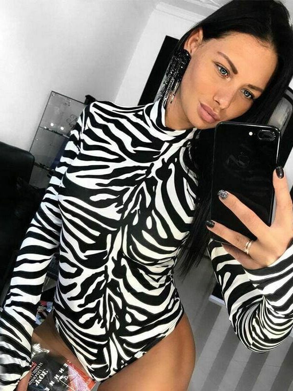 The Best Women Lady Long Sleeve Turtleneck Animal Zebra Print Bodycon Party Bodysuit Stretch Slim Leotard Tops Online - Takalr