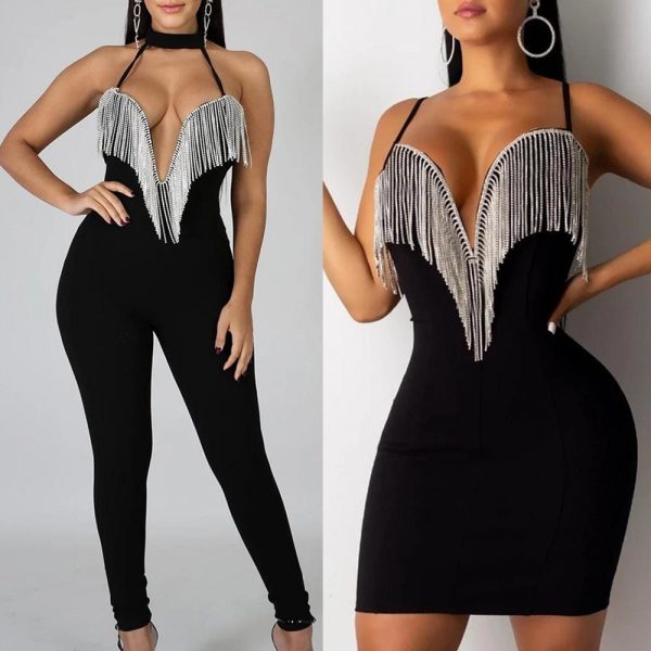 The Best Women Lady Sequin Jumpsuit Romper Bodycon Backless Clubwear Party Long Pant Trouser Black Tassels Dress Outfit Online - Takalr