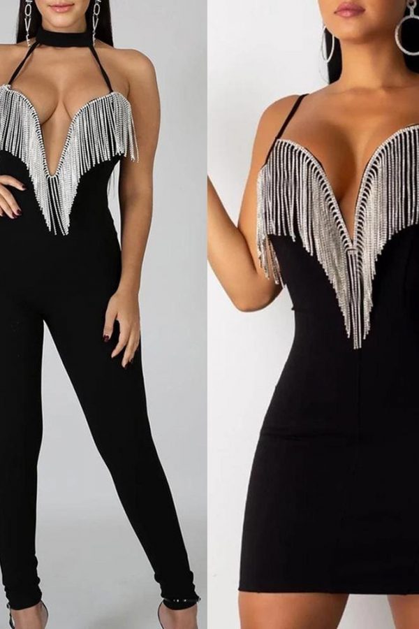 The Best Women Lady Sequin Jumpsuit Romper Bodycon Backless Clubwear Party Long Pant Trouser Black Tassels Dress Outfit Online - Takalr