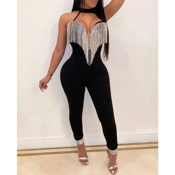 The Best Women Lady Sequin Jumpsuit Romper Bodycon Backless Clubwear Party Long Pant Trouser Black Tassels Dress Outfit Online - Takalr