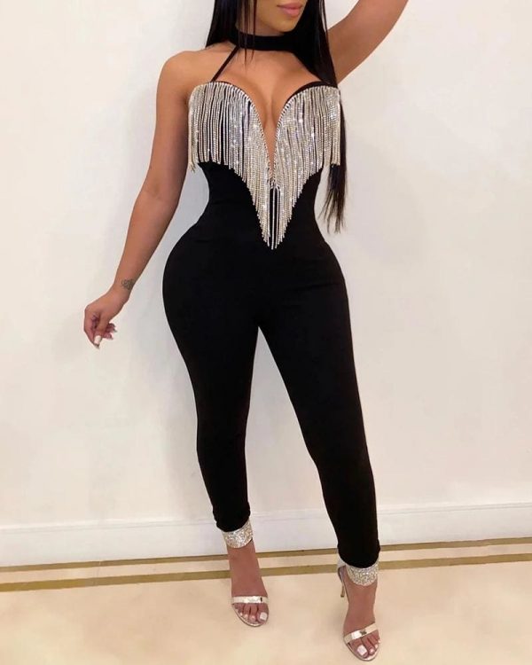 The Best Women Lady Sequin Jumpsuit Romper Bodycon Backless Clubwear Party Long Pant Trouser Black Tassels Dress Outfit Online - Takalr