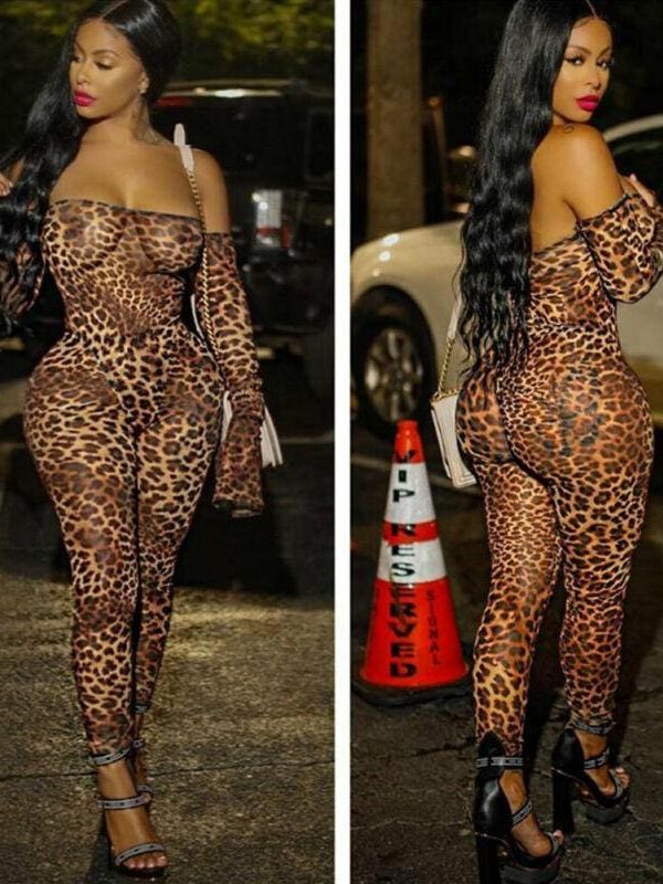 The Best Women Lady Sexy Leopard Long Sleeve Off Shoulder Romper Jumpsuit Stretchy Bodysuit Clubwear Bodycon Long Pant Trouser Online - Takalr