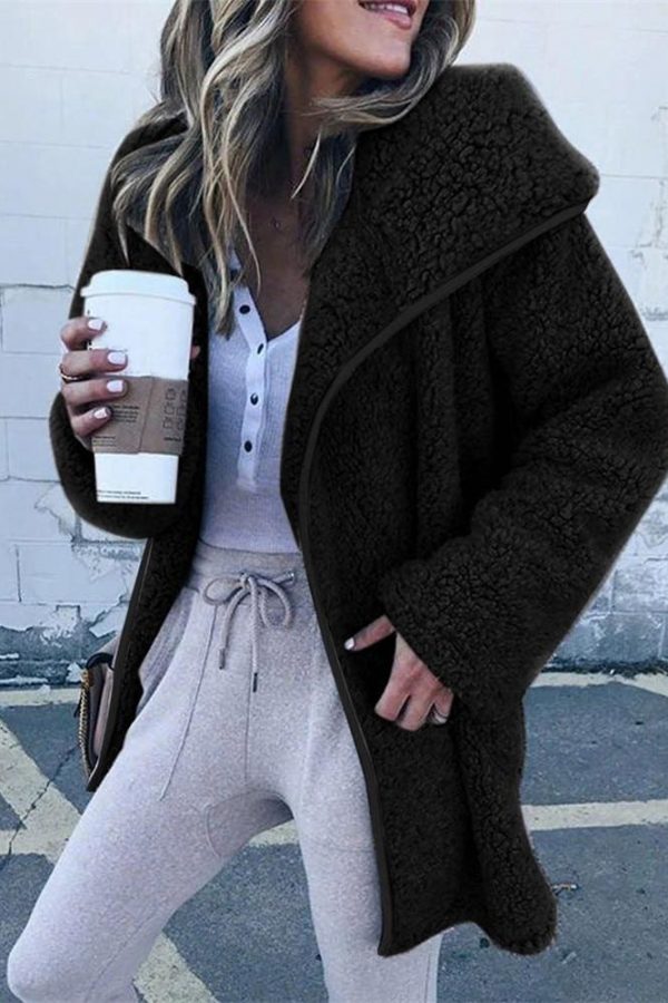 The Best Women Lapel Loose Solid Color Jackets Ladies Casual Warm Cashmere Wool Coat Fluffy Woolen Teddy Bear Cardigan Tops Online - Takalr