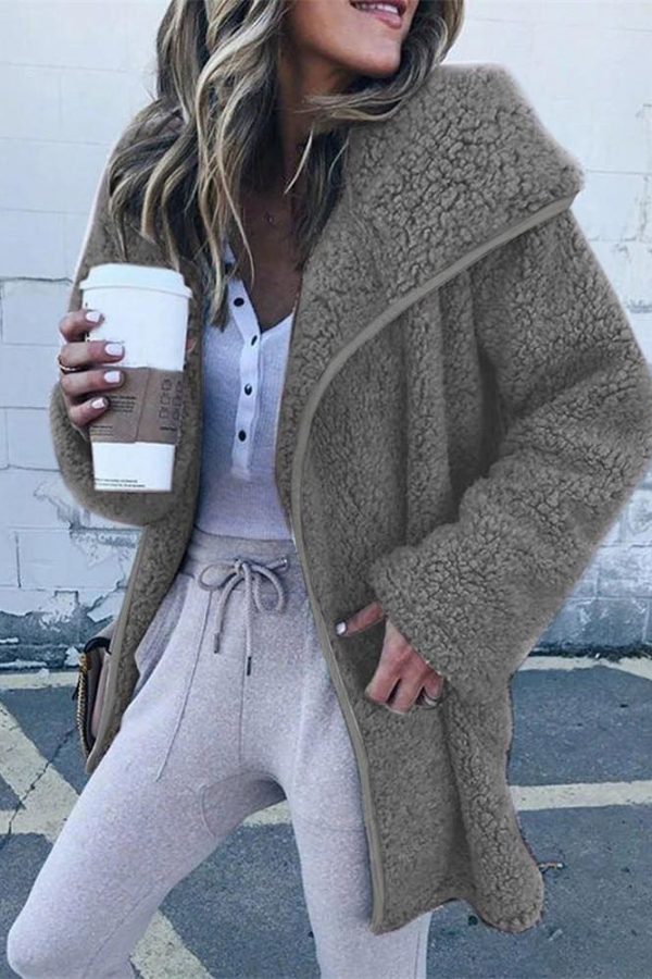 The Best Women Lapel Loose Solid Color Jackets Ladies Casual Warm Cashmere Wool Coat Fluffy Woolen Teddy Bear Cardigan Tops Online - Takalr