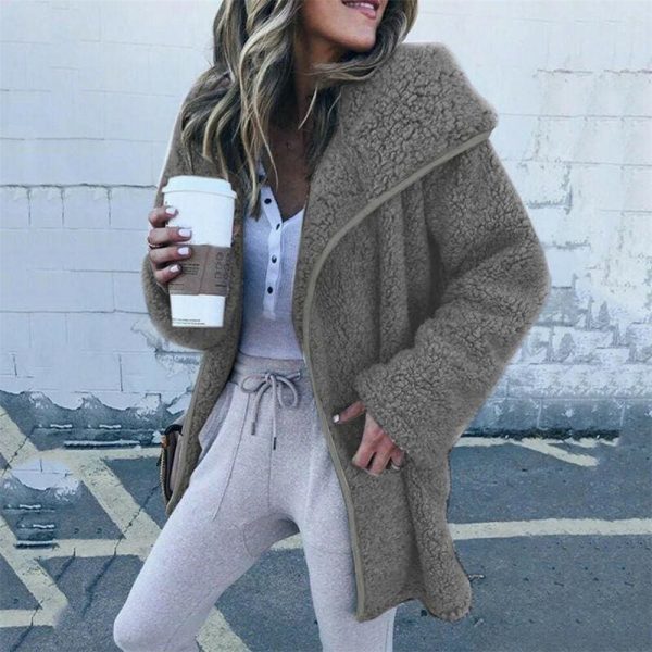 The Best Women Lapel Loose Solid Color Jackets Ladies Casual Warm Cashmere Wool Coat Fluffy Woolen Teddy Bear Cardigan Tops Online - Takalr