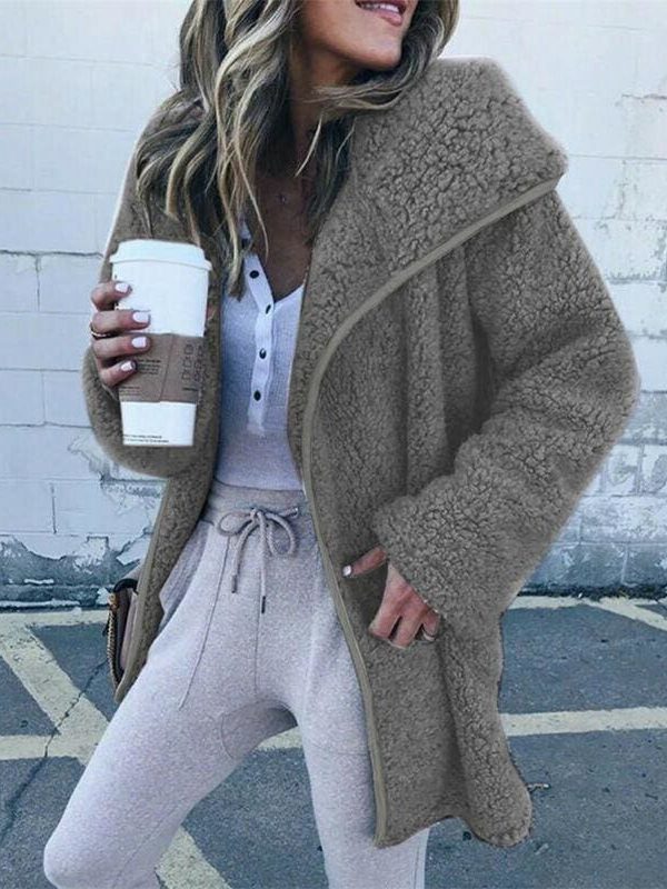 The Best Women Lapel Loose Solid Color Jackets Ladies Casual Warm Cashmere Wool Coat Fluffy Woolen Teddy Bear Cardigan Tops Online - Takalr