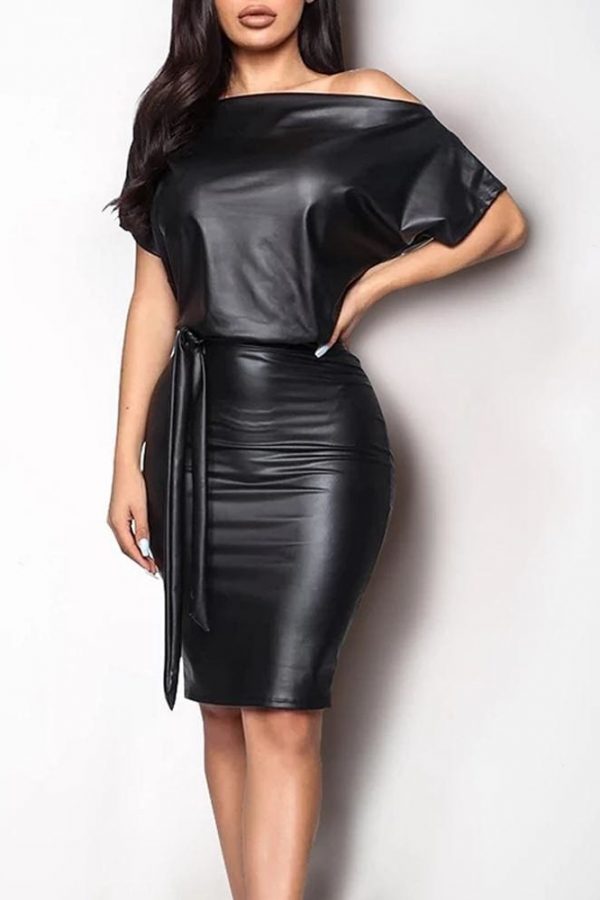 The Best Women Leather Bodycon Dress Sexy Ladies Off Shoulder Short Sleeve Club Evening Party Mini Dress Online - Takalr