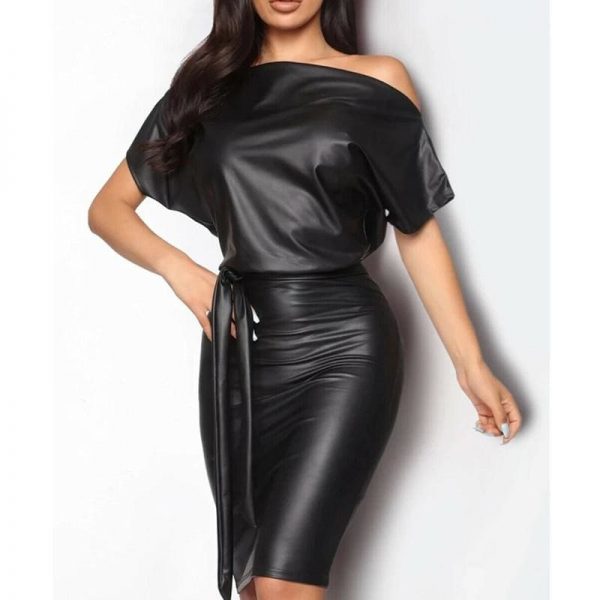 The Best Women Leather Bodycon Dress Sexy Ladies Off Shoulder Short Sleeve Club Evening Party Mini Dress Online - Takalr