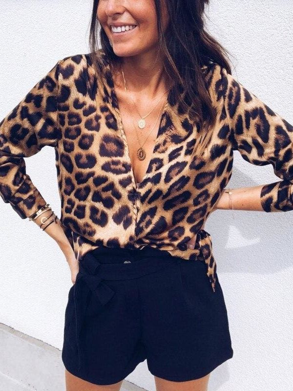 The Best Women Leopard Blouse Holiday Long Sleeve Tops New Autumn Deep V-Neck Leopard Print Beach Ladies Blouse Shirts S-XL Online - Takalr