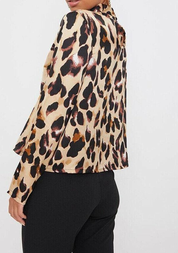 The Best Women Leopard Long Sleeve Halterneck Shirt Casual Loose Tunic Top Button Down Tee Office Ladies Work Shirt Online - Takalr